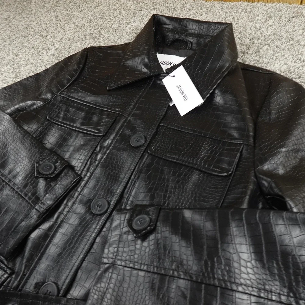 Jason Wu Jacket‎ Womens M Black Faux Leather Long Trench Coat Parka Belted Croc